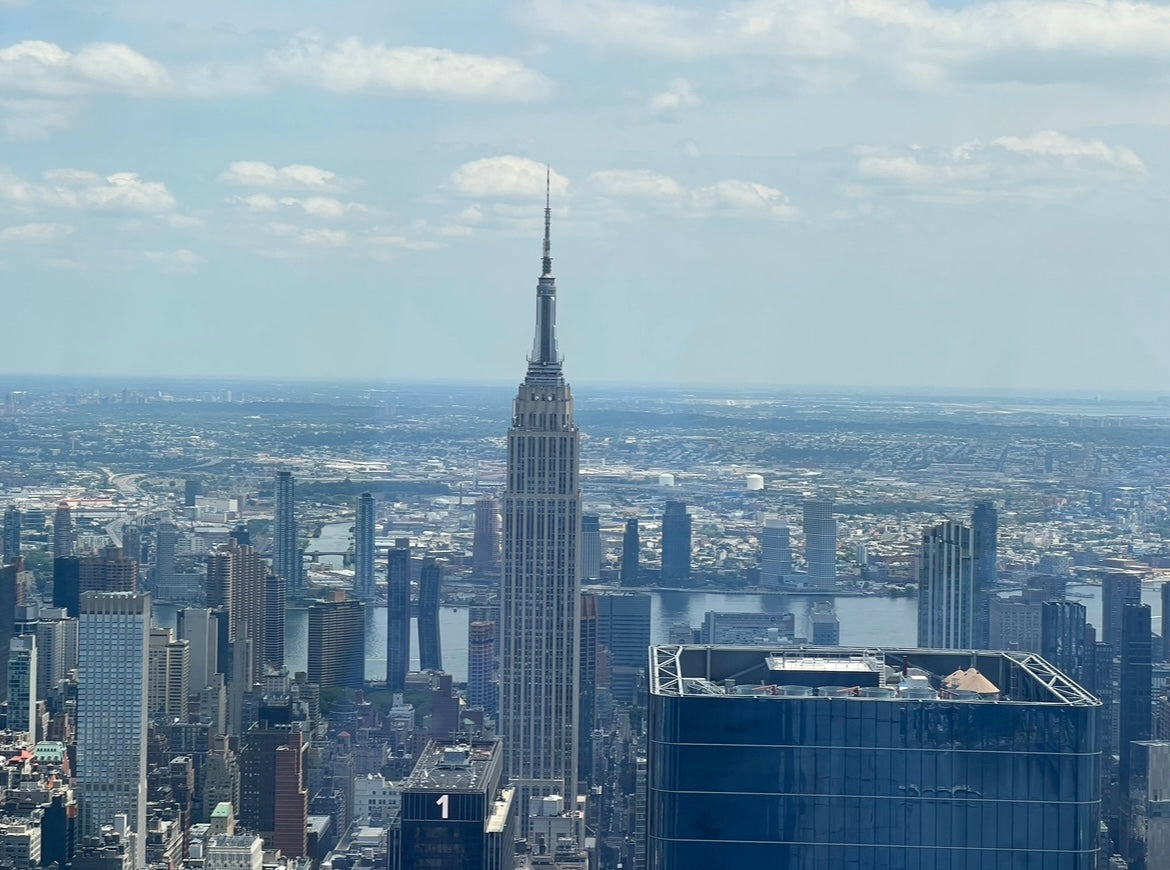 Aerial view of a cityscape with the Empire State Building prominently featured.