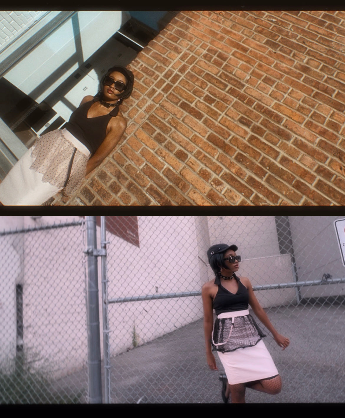 Two images of a woman standing against a brick wall and a chain-link fence. The top image features a the pink polka dot peplum pencil skirt and the bottom image features the pink fishnet peplum skirt with signature ribbon chain.